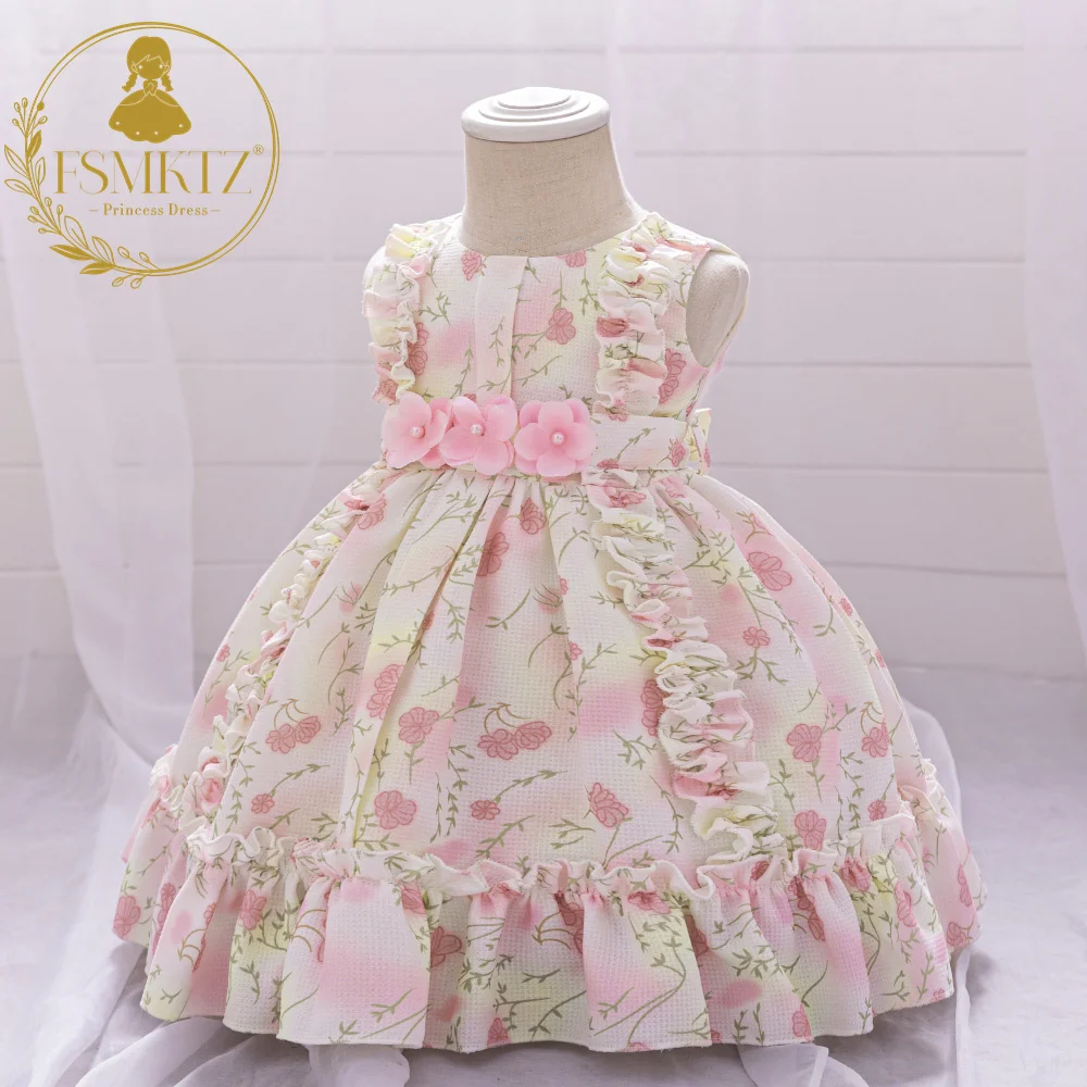FSMKTZ Lolita Style Flower Printing Baby Girls Party Dress Summer Floral Dress for Kids 2 Year Birthday Frocks for Little Girls