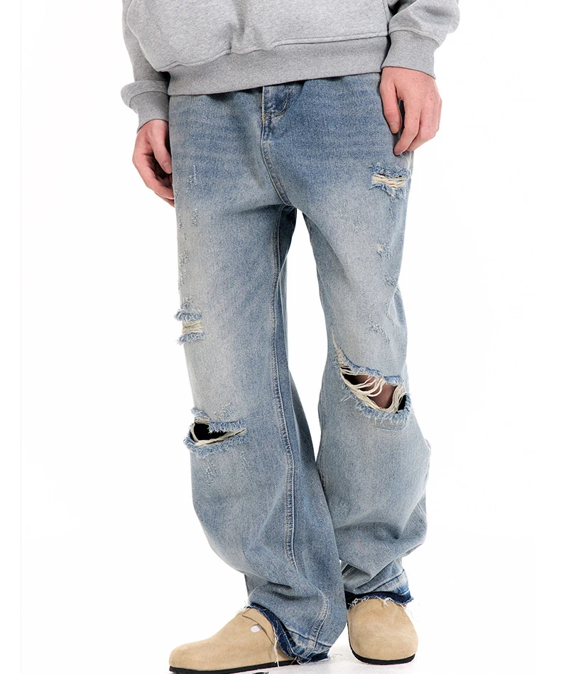 Base Wash Foot Breakage Worn Out To Make Old Casual Straight Tube Ripped Loose Jeans For Men