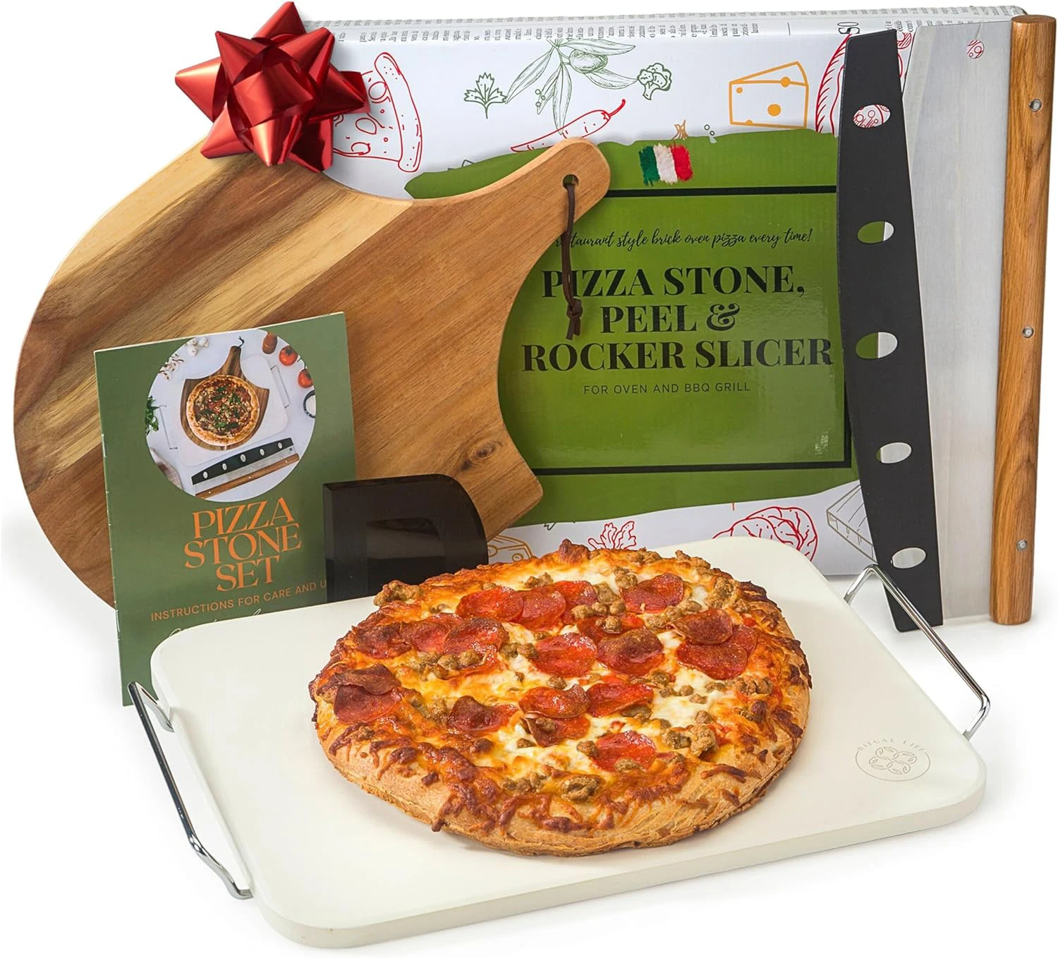 Pizza Stone for Oven and Grill with Wooden Pizza Peel Paddle & Pizza Cutter Set - Detachable Serving Handles