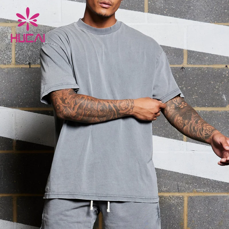 HUCAI Custom logo workout clothing sportswear heavyweight vintage cotton acid washed oversized running fitness gym shirts men
