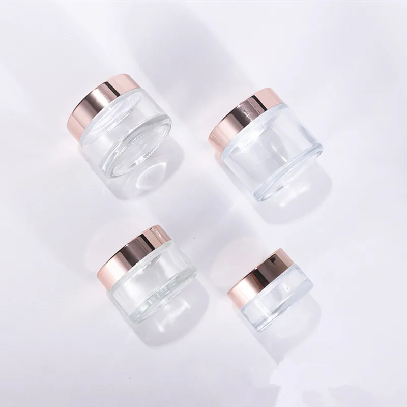 buy Transparent 5-250ml spiral mouth aluminum cover glass cream cream jar with rose gold lid glass body scrub jars