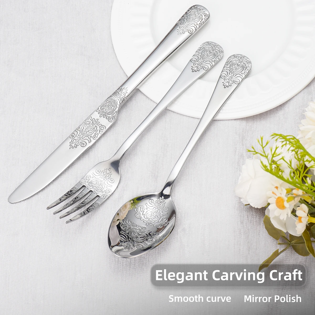 Middle East 5/65/200 Pcs Floral decorative Fork Knife And Spoon Silverware 3D Laser Cutlery Set Stainless Steel Flatware
