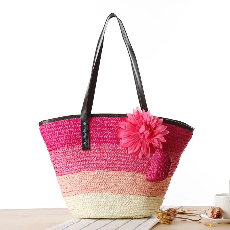 PU Handle Summer Travel Ombre Wide Colorful Stripes Flower Decoration 2Pcs Set Wheat Straw Basket Tote Beach Bag with Coin Purse