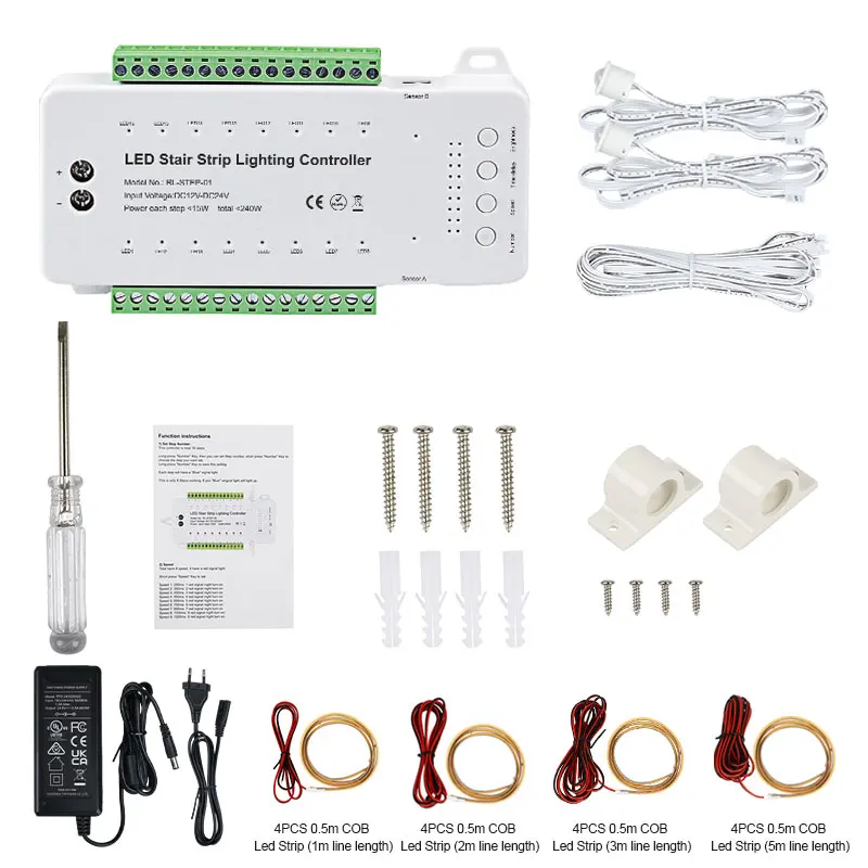 Step-01 16 Steps Stair Lighting Controller Set with COB Strips PIR Motions for Indoor Outdoor Decoration