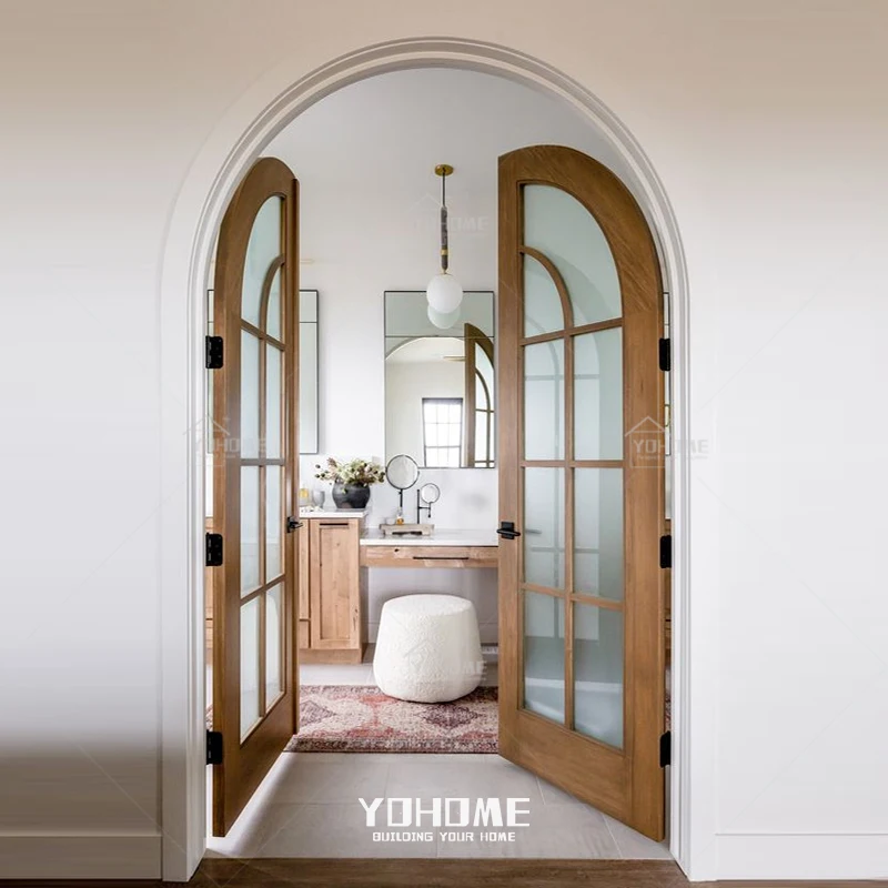 China top manufacturer custom arched french door for bedroom double interior wooden arched doors with clear glass