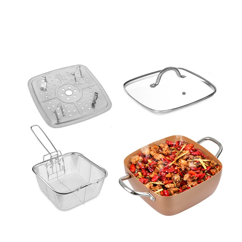 Customized size printing logo Wok 4 Set Frying Pan Copper non-stick pan  Double bottom Flat bottom 24cmSquare Pot