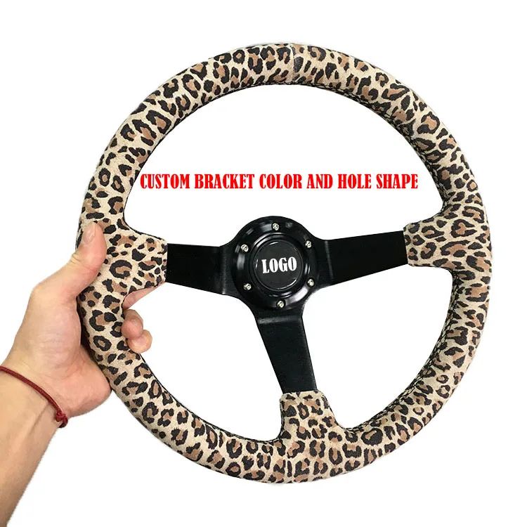 2023 New Customized Universal Leopard Print Car Modified Steering Wheel 350MM Racing Suede Sports Steering Wheel