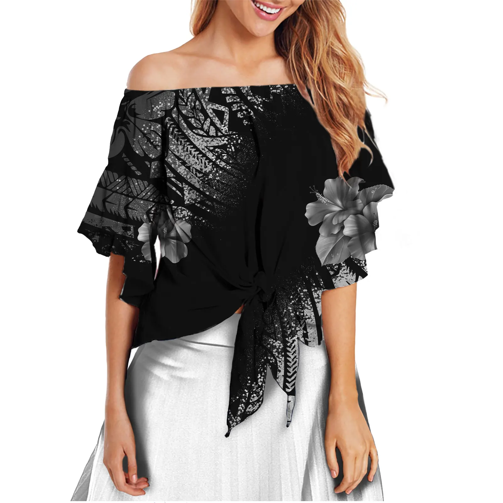 Новая женская футболка с широкими рукавами и монохромной мозаикой в полинезийском стиле, украшение с узлом