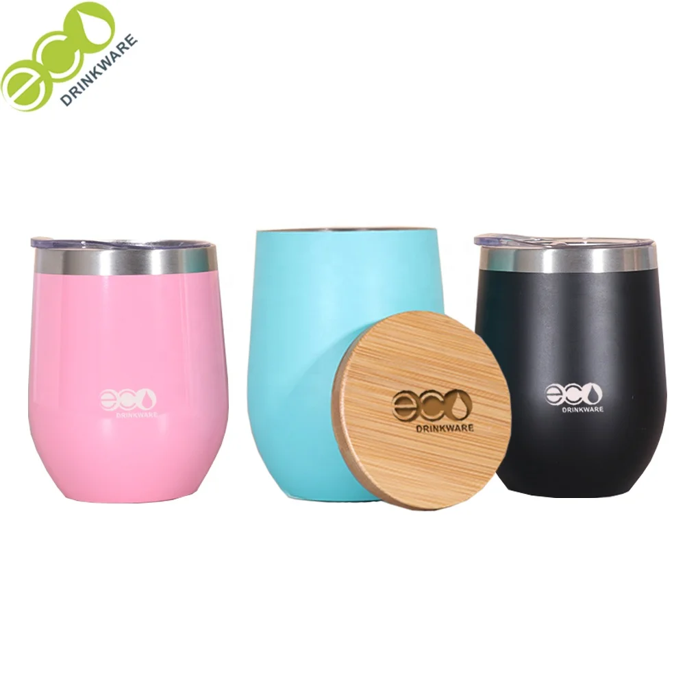 GV050 100% natural bamboo lid 12oz 18/8 304  insulated  metal wine cup stainless steel