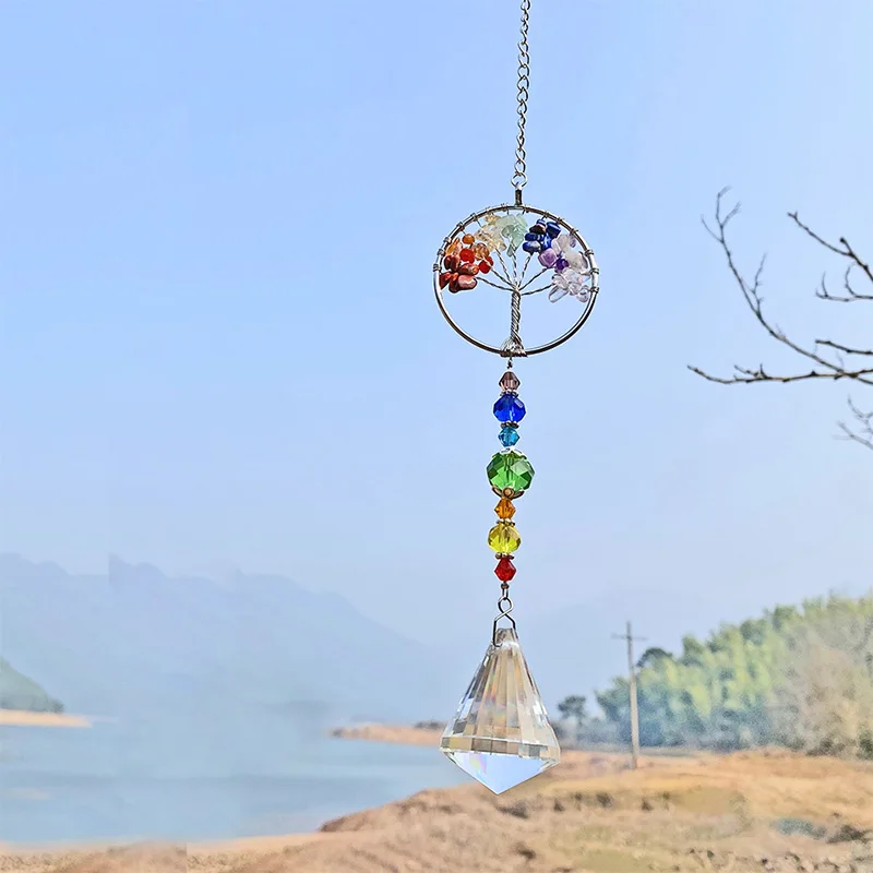  Tree Of Life Crystal Ball Window Hanging Pendant Rainbow Chandelier Decor 7 Chakra Prism Ornaments for