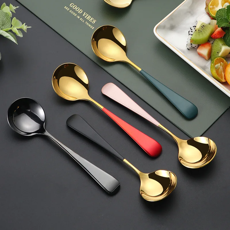 Wholesale Mirror Polish Colorful Handle Round Spoon Kid Steel Spoon Titanium Coffee Cupping Spoon