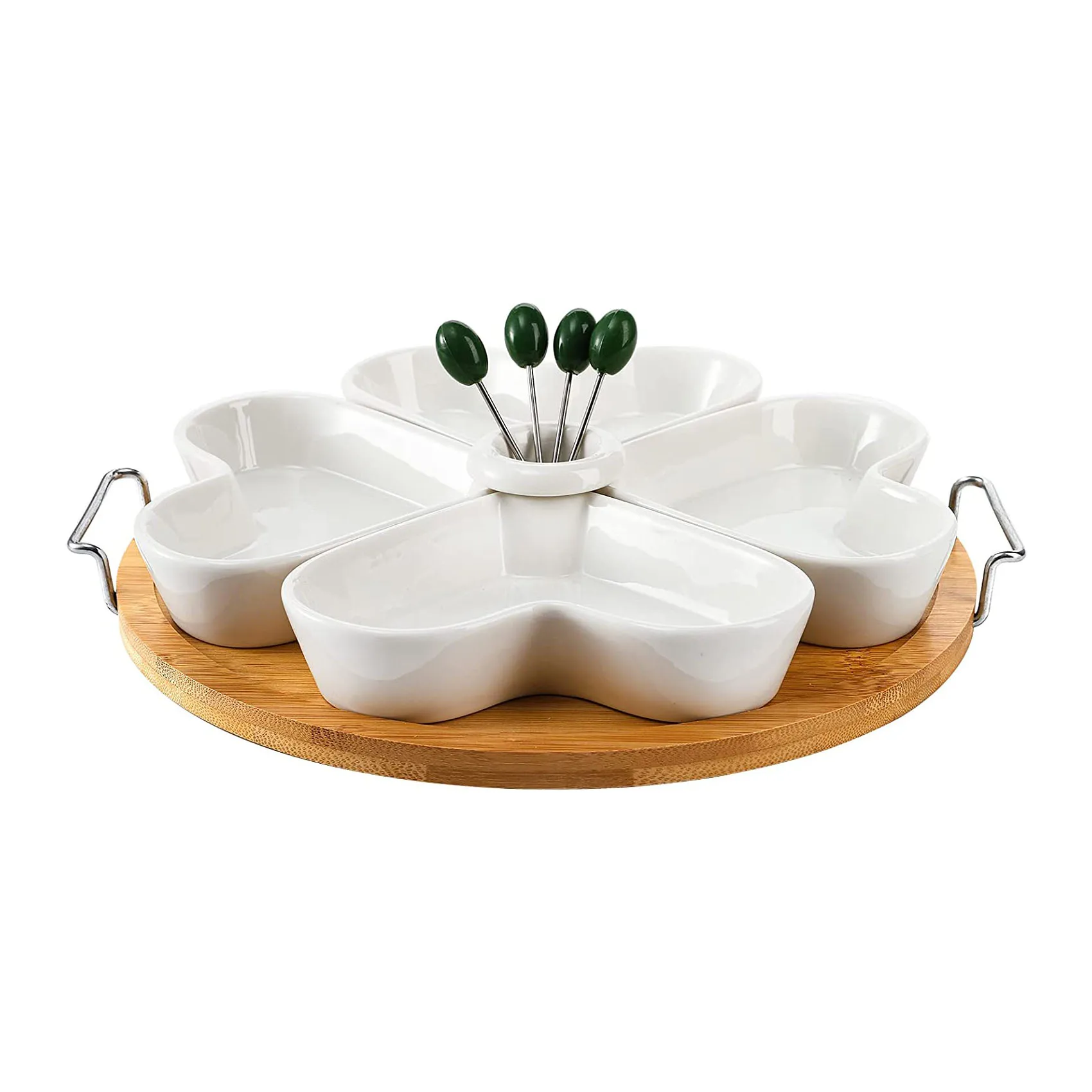 Custom Appetizer Serving Tray with Bamboo Holder Ceramic Divided Serving Platter with Food Picks elish Tray for Chips and Dip
