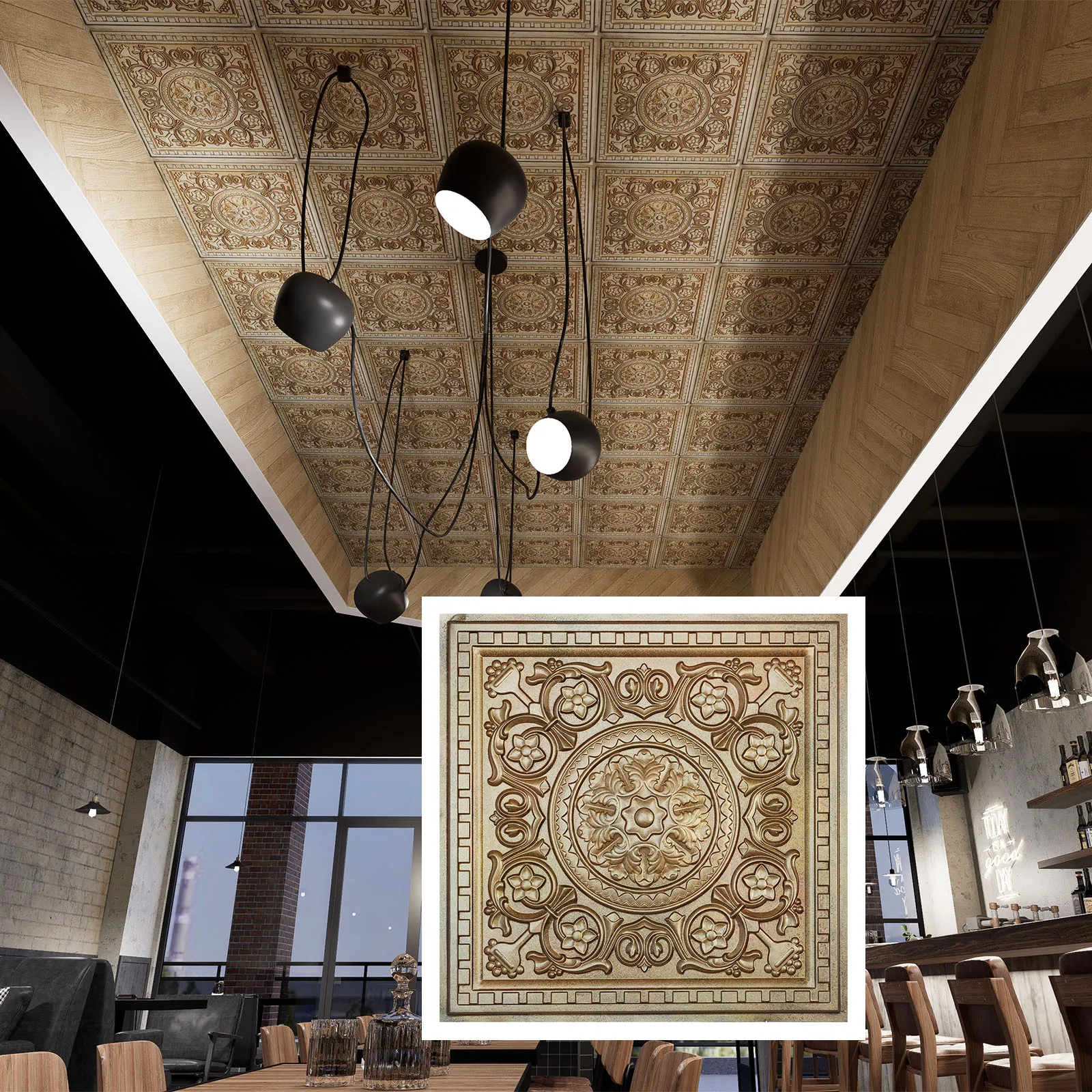 Chalk painted ceiling tiles, Embossed wall panels, for Flower Boutique PL83