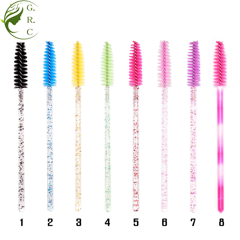 Crystal glitter handle eco friendly retractable lip gloss eyelash brushes mini pink bamboo silicone disposable mascara wand