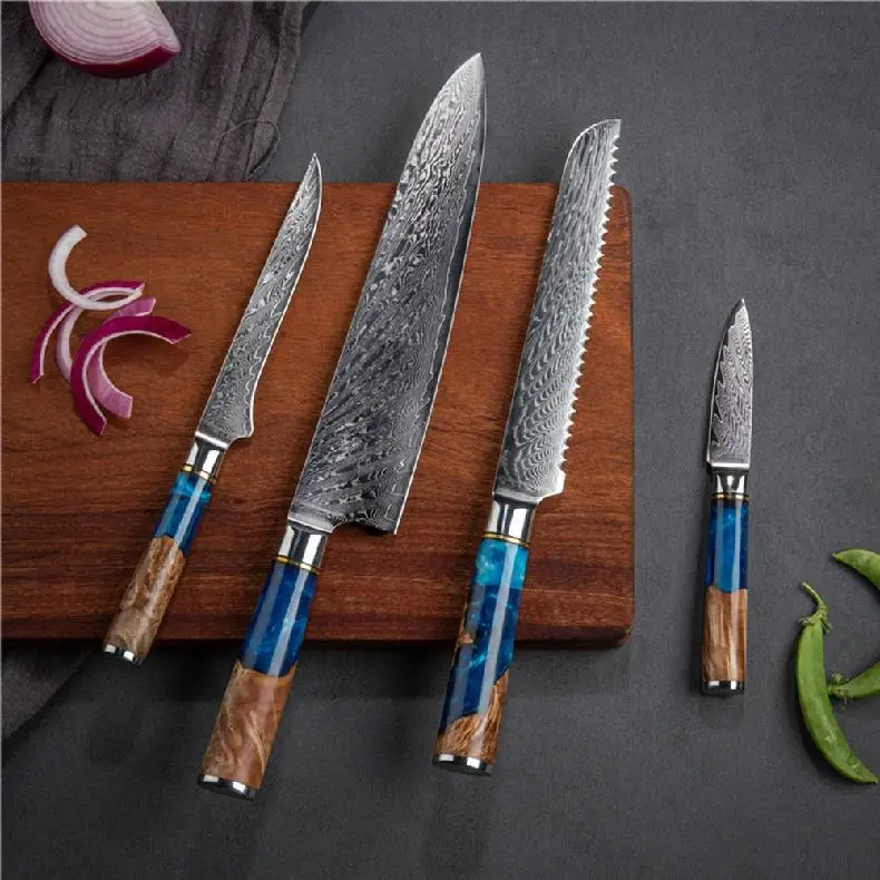 Premium kitchen knife blue resin and wooden handle 5inch utility Damascus kitchen knife