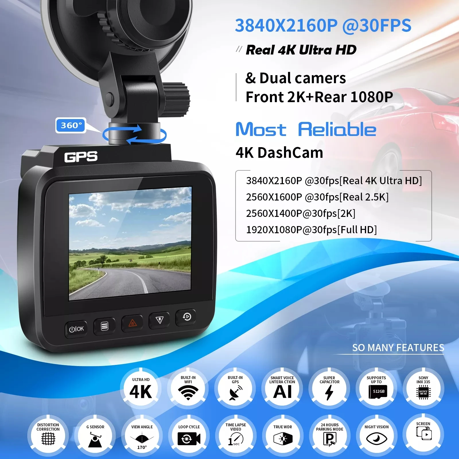 2 inch 2 channel dash cam dual lents front and rear 4k dual camera dashcam usb with gps dual lens car dvr 4k dash cam wifi