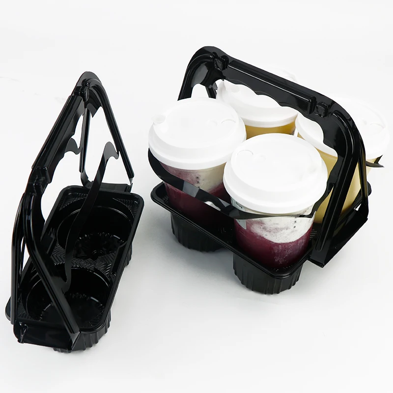 Disposable Drink Carrier Custom PVC Plastic Foldable Take Away Ice Juice Coffee 4 6 Pack Cup Holder Tray With Handle