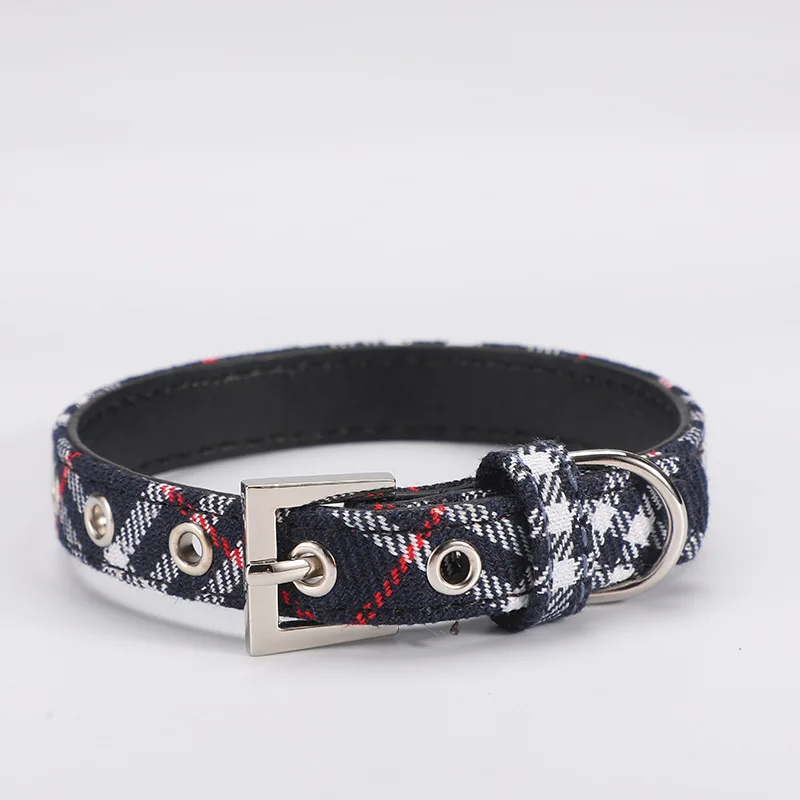 Double Layer Plaid Padded Engravable Metal Buckle Dog Collar Waterproof Leather Adjustable Pet Collars