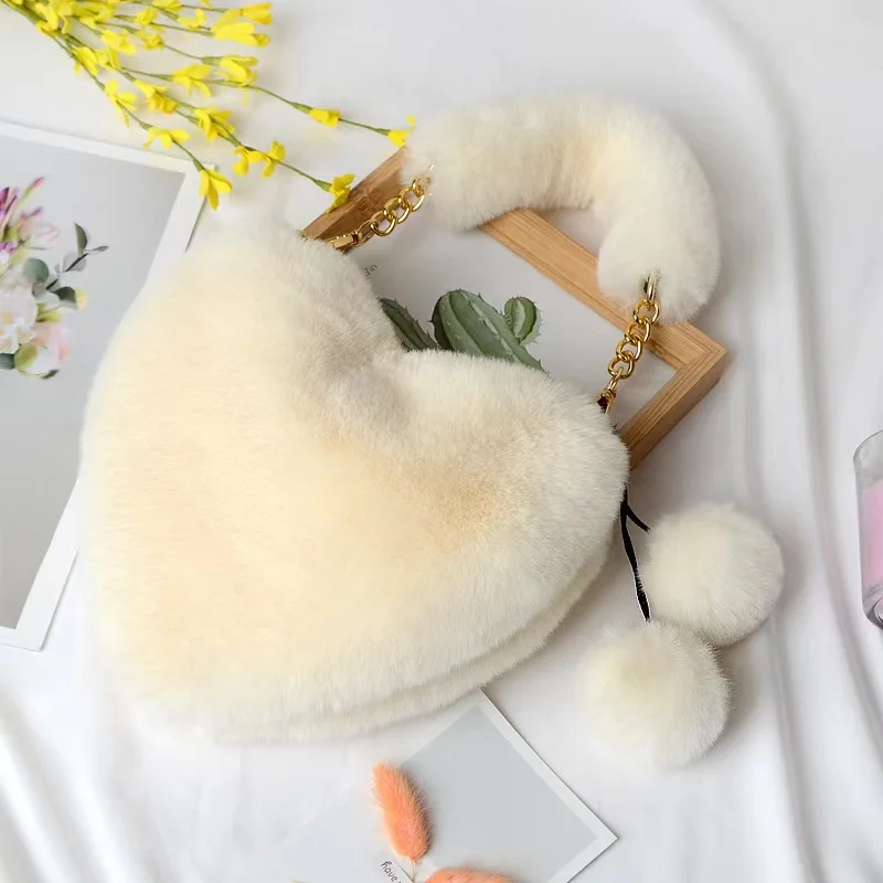 2023 Ladies Fashion Heart Shaped Fur Plush Handbags Fluffy Crossbody Bags Women Shoulder Bags Tote Bag Purse