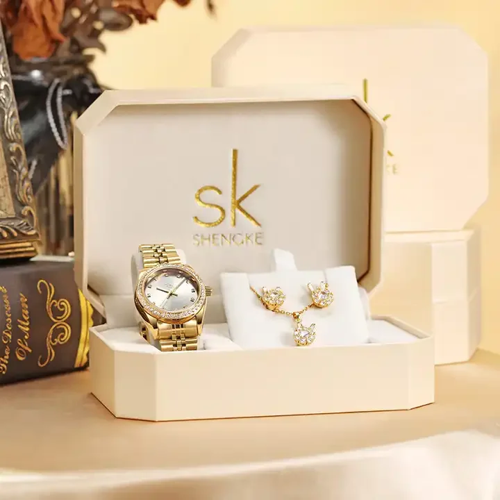 SHENGKE Luxury Jewelry Watches Bracelets Earring Necklace Jewelry Watch Gift Set Box K0039L 12 Blue Accessories Luxury Watch Set