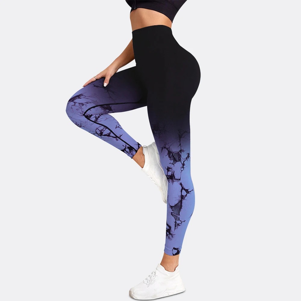 Fitness Gym Workout Leggings Bottoms  Violet Pink Blue Spandex Sports Activewear High Elasticity Skinny Tie Dyed Leggings