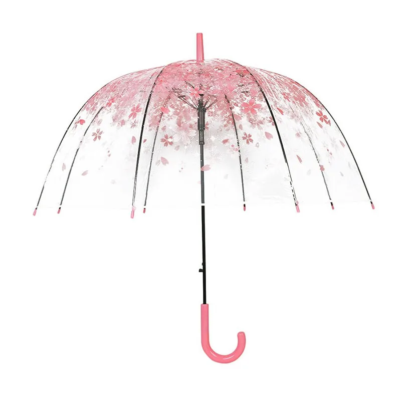 Women Girls Sakura Umbrellas Transparent Wind Heavy Rain Clear Flowers Bubble Dome Umbrella Long Handle Umbrellas
