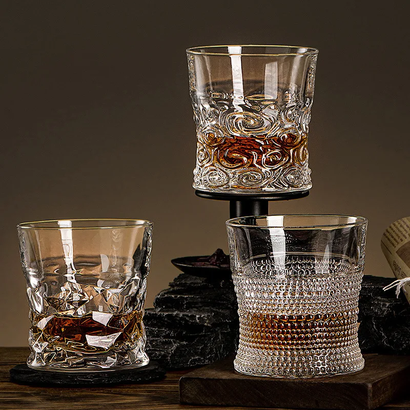 300ml European Custom Lead Free Crystal rock snifter Whiskey Embossed Glasses for Bar Party