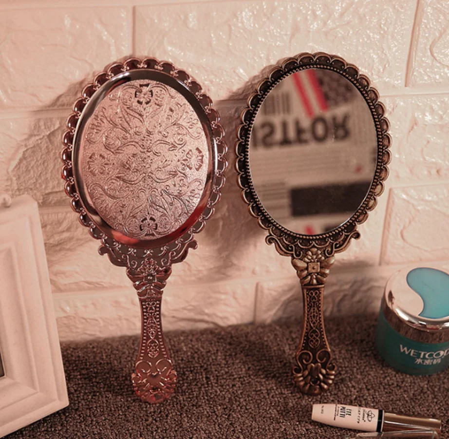 Romantic Retro Lace Pattern edge Handle Mirror Handheld Makeup Portable Small Round Mirror ABSFrame handle Vanity Bronzed mirror