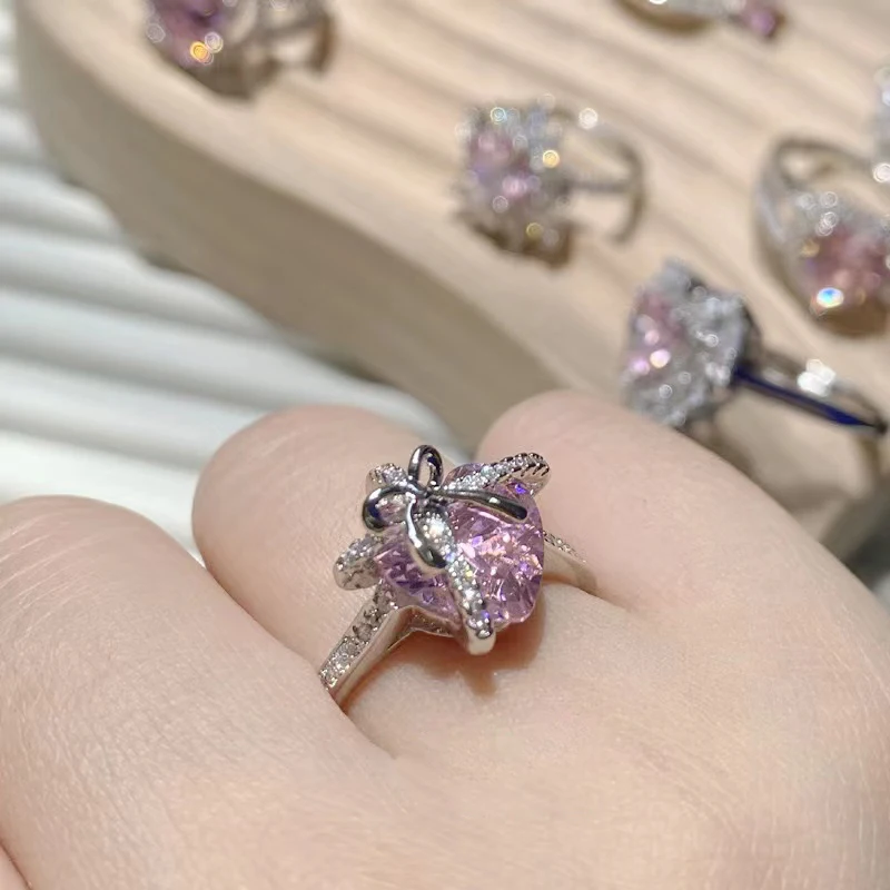 Heart ring full diamond pink love copper plated 18K gold ring fashion jewelry