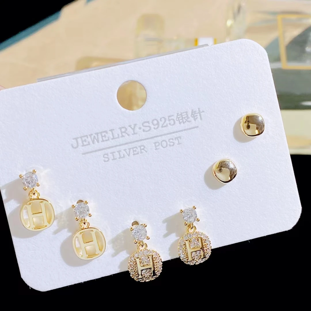 HC High Quality Luxury 925 Silver Needle Simple love Letter H Earring Set Small Fresh All-match Fashion Earring Jewelry for Girl