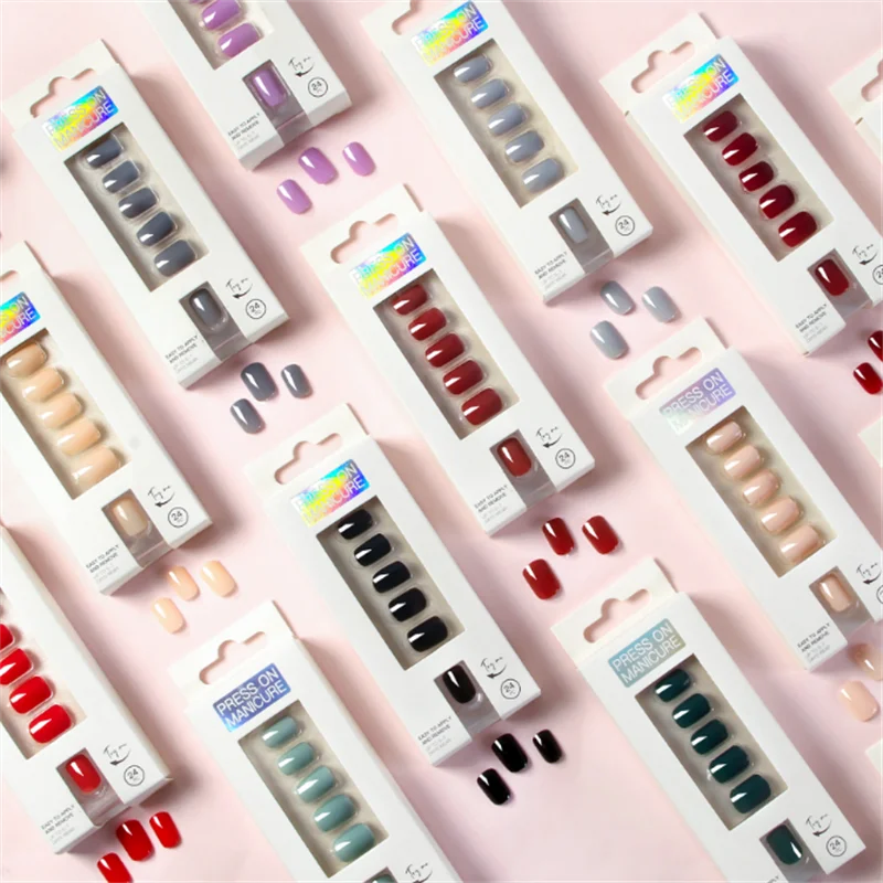 Оптовая продажа, средний французский миндальный дизайн, искусственные акриловые накладные ногти, Многоразовые с клеем