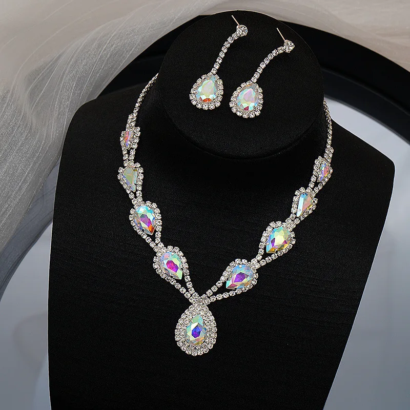 NUORO Hot Selling Colorful Zircon Necklace Exquisite Mix Colors Crystal Copper Clavicle Chain Earrings Necklace Jewelry Sets