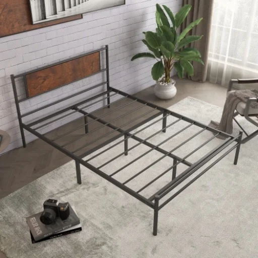 Factory Wholesales Simplism Metal Bed Frame Queen Size, Noise Free Design, Rustic Brown JHJY001-Q