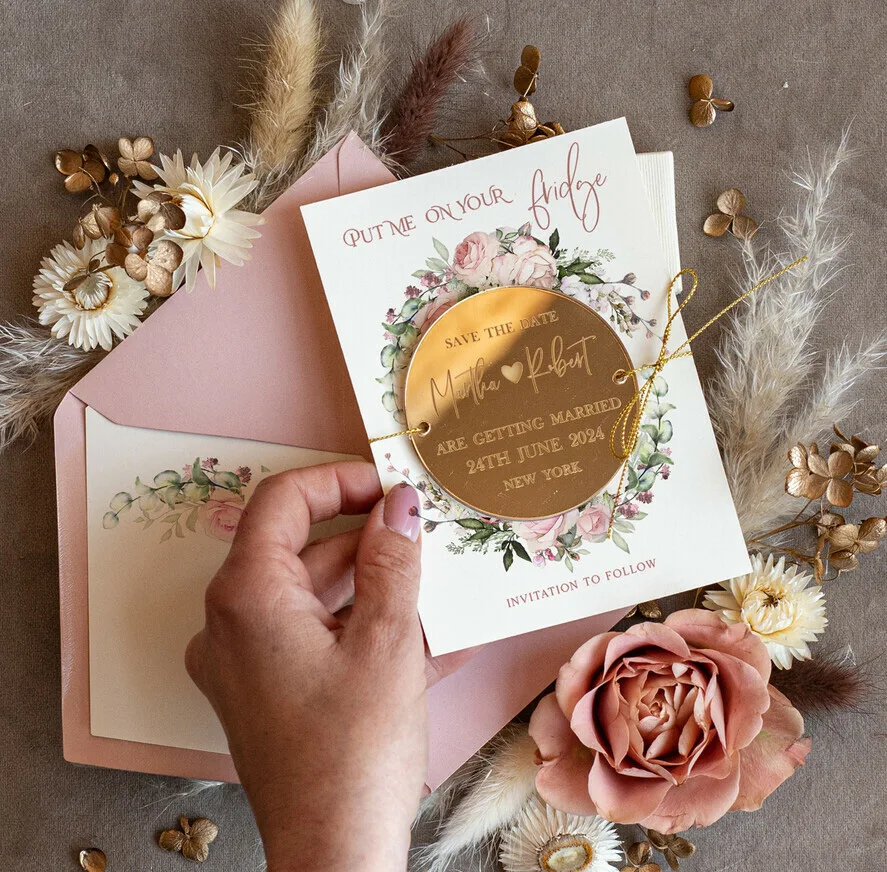 Personalised Gold Acrylic Save the Date Magnet and Card, Gold Blush Pink Wedding Save The Dates Plexi Magnets invitation cards
