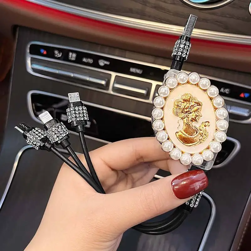 Crystal Heart Shape 3 in 1 USB Data Cable Mobile Phone Fast Charge Girls Gift Cute Fast Charging Cable