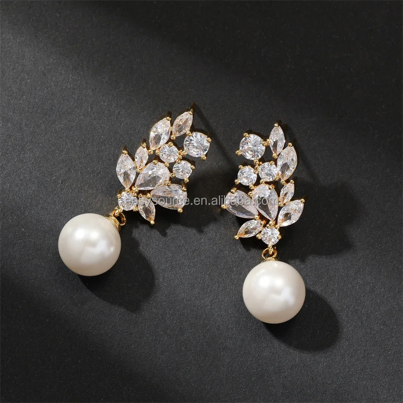 RE6132 Women zircon Pearls Earring CZ Drop Earrings Wedding Jewelry