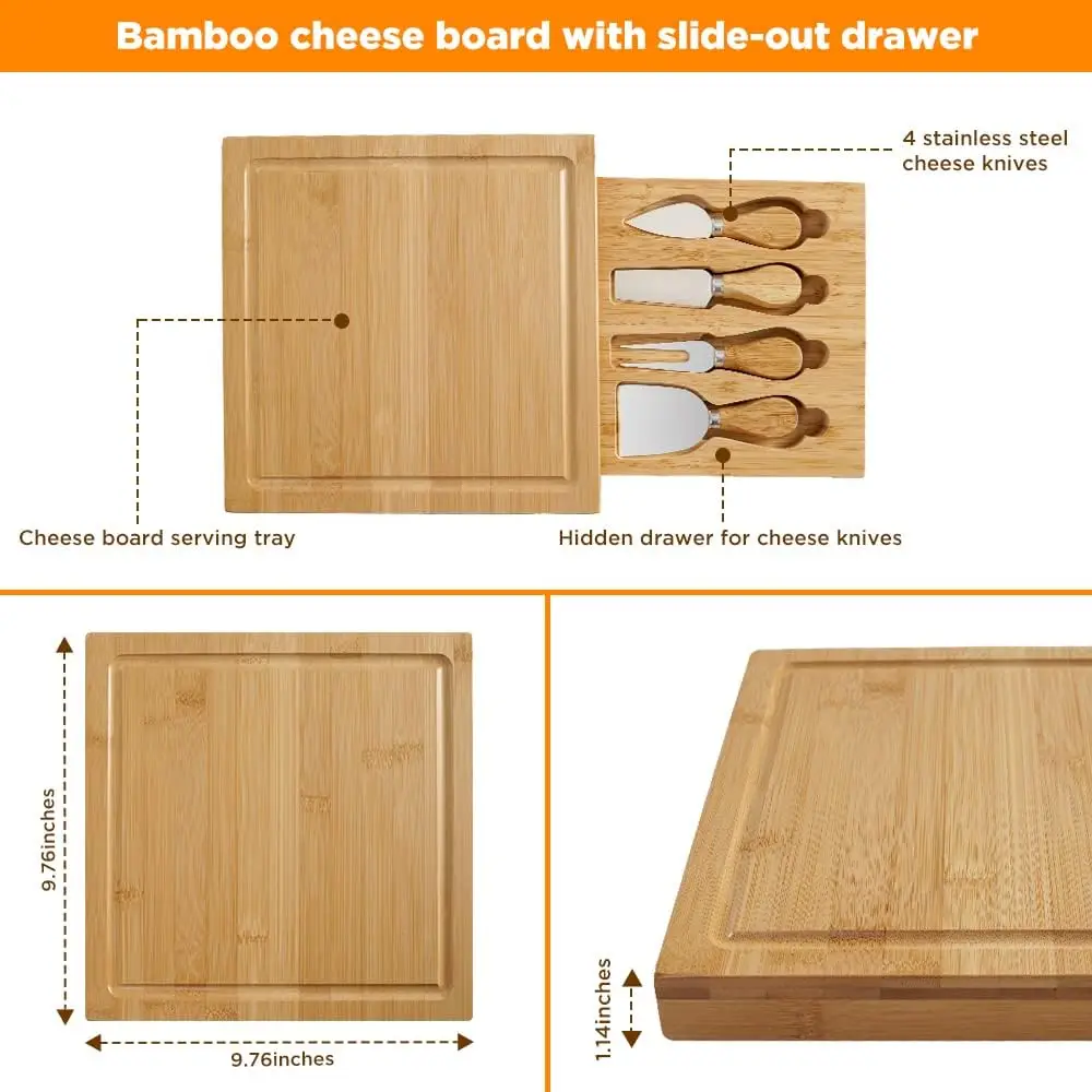XH Banmboo Charcuterie Boards Set with 4 pcs cheese knives, Charcuterie Board Set, Bamboo Cheese Board Set