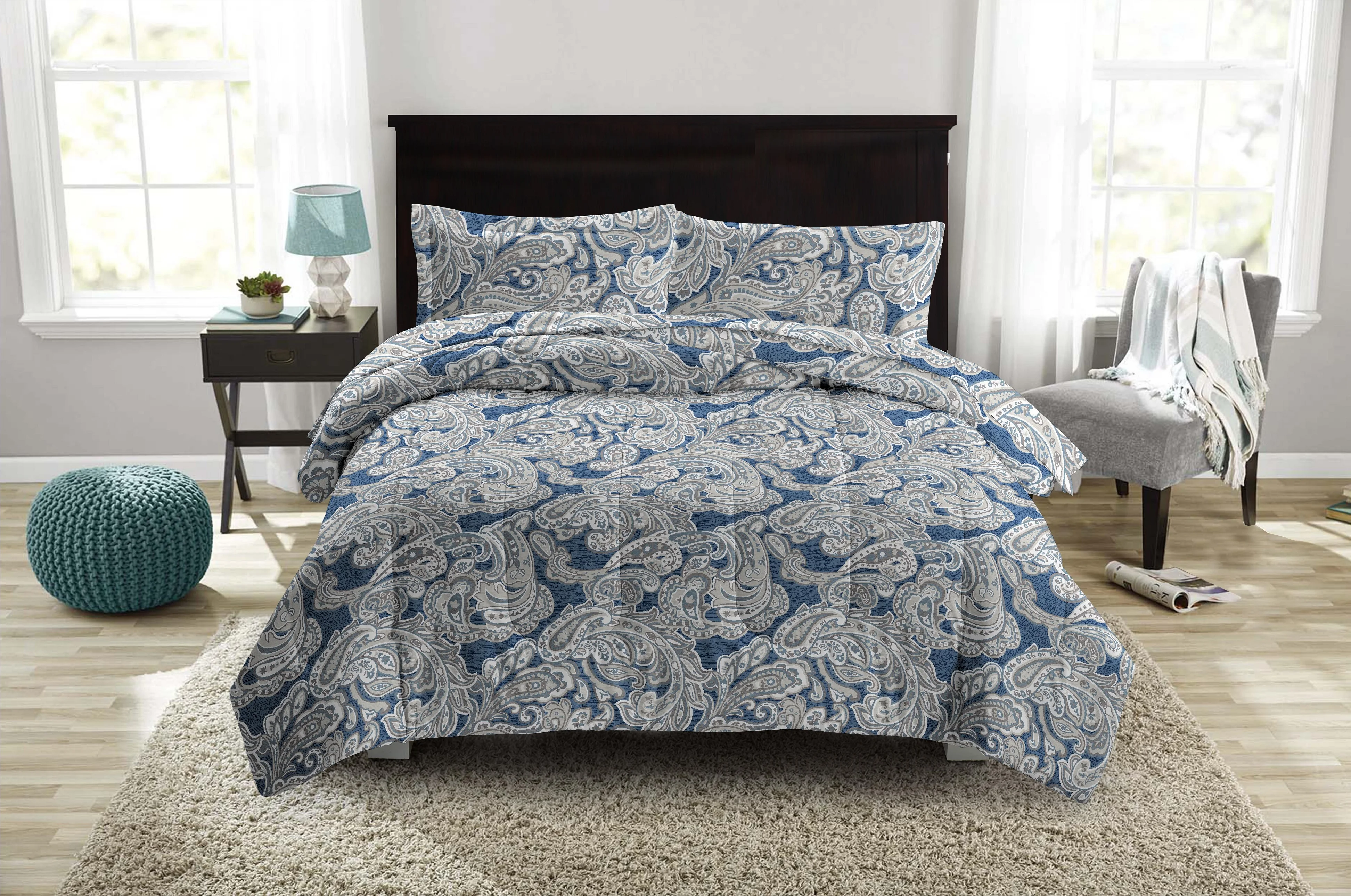 Queen Comforter Set - 6 Pieces Printed Bed Set Bed in A Bag Queen with Comforters, Sheets, Pillowcases & bed skirt