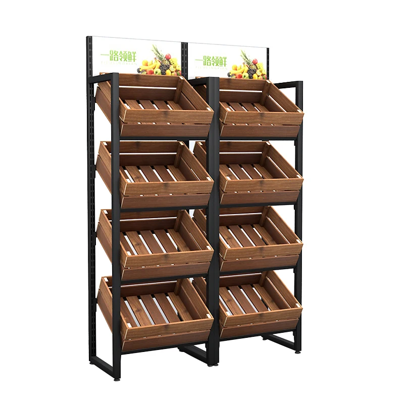 Company Freshfruitsandvegetables Iron Frame Supermarket Shelves Stand Display Wood Fruit Display Rack