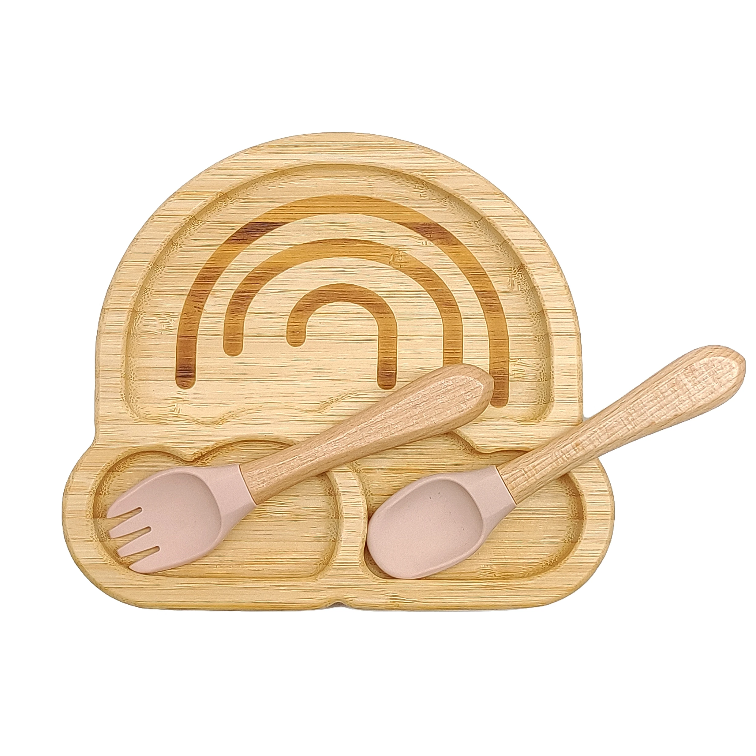 Tableware Set Crab Rainbow Elephant Butterfly Airplane Silicone Suction Cup Bamboo Plate Baby Bowl With Spoon Fork Feeding