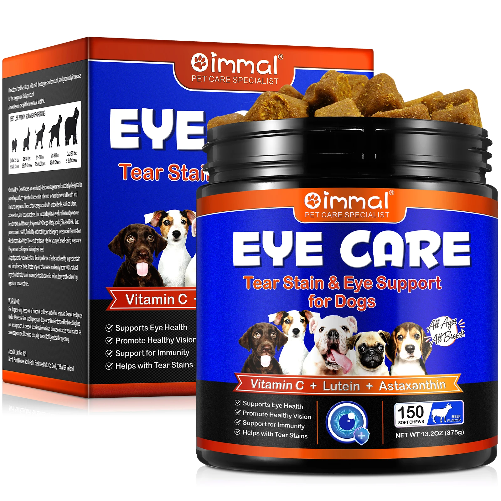 OIMMAI dog soft chews promote healthy vision pet dog tear stain remover eye care astaxanthin food lutein supplement for eyes