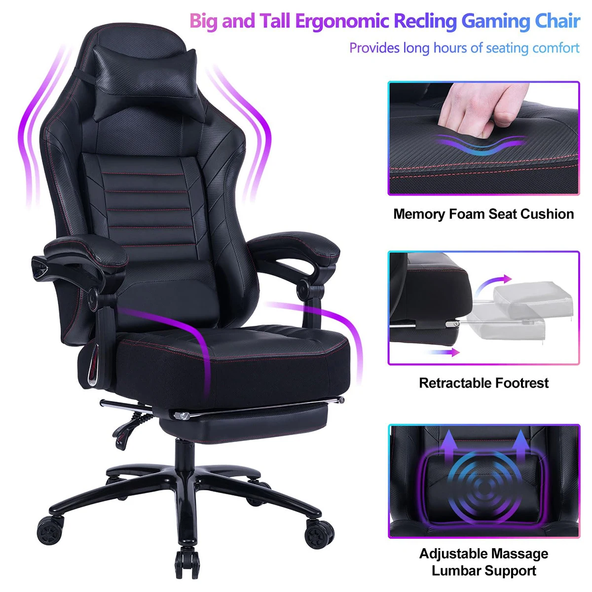 new design reclining gamer chair with footrest Bluetooth massage gaming chair black leather
