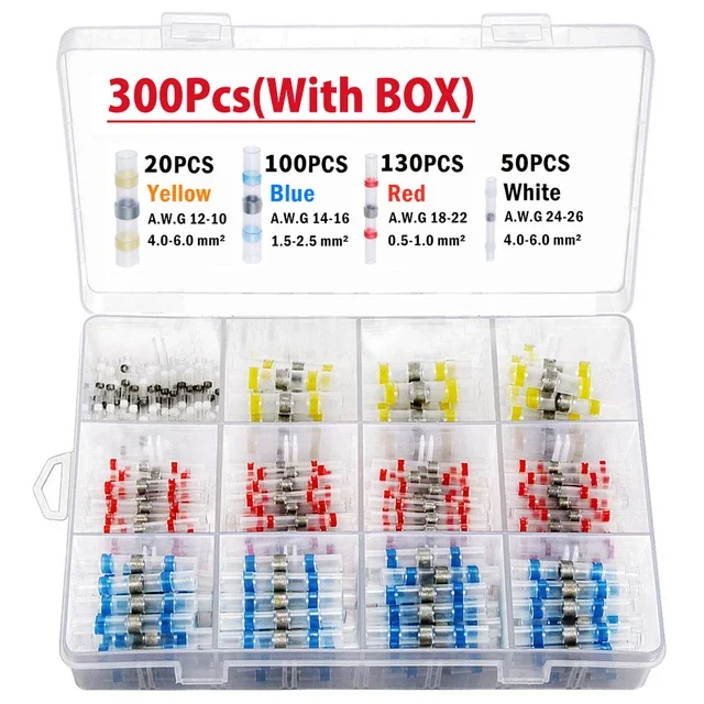 300pcs Waterproof Solder Seal Wire Connectors Heat Shrink Solder Butt Connectors Solder Terminals Kit Automotive Marine Insulate