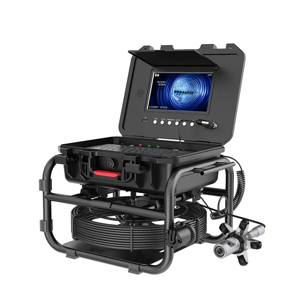 360 Rotating Sewer Pipe Inspection Camera 9 inch IPS+1080P Screen +512HZ Transmitter+Meter Counter+Keyboard