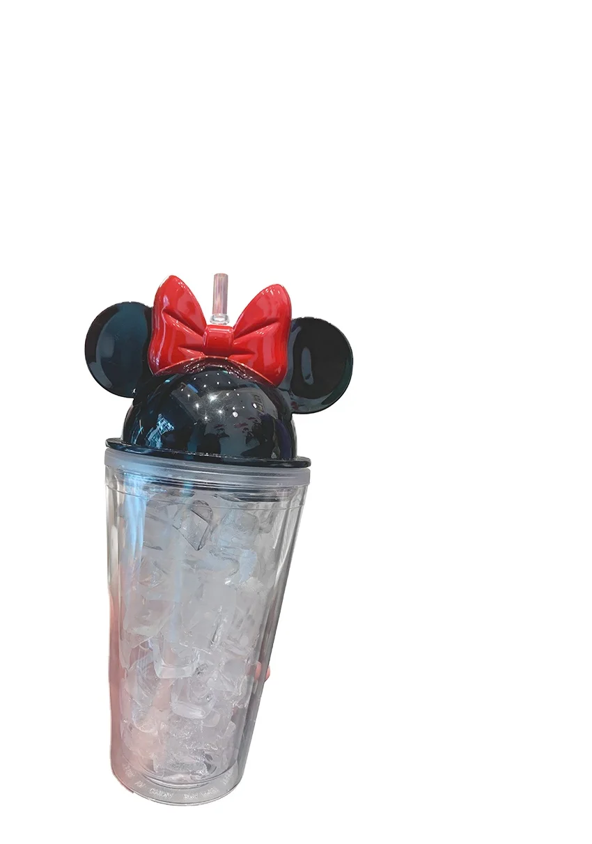 16oz Double Wall Plastic Tumbler Couples Cups With Minnie Mouse Ear Shape Lid And Straws Portable Water Cups