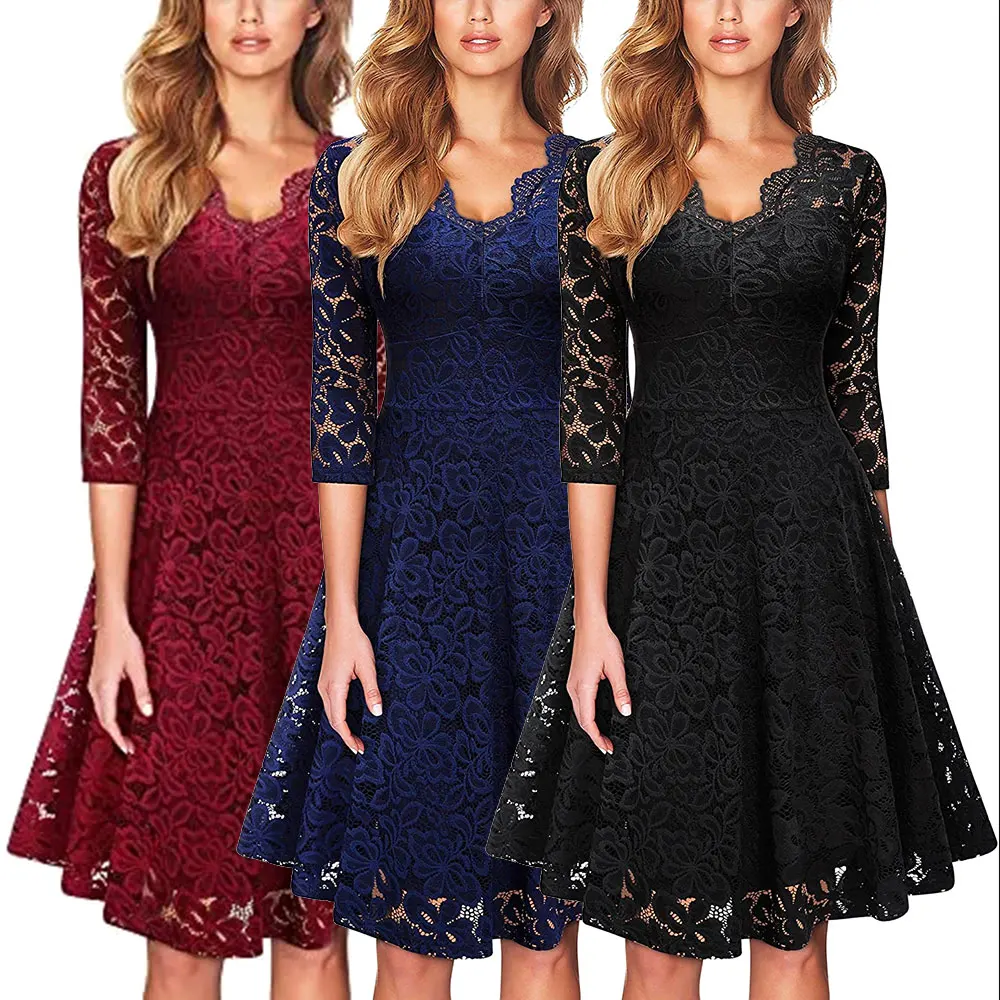 Повседневное кружевное платье с узкой талией и рукавом 3/4 в стиле ретро