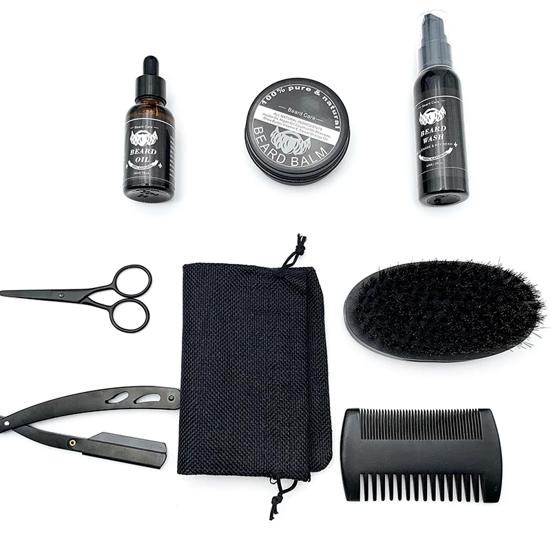 Deluxe Beard Oil Growth Serum Set Box Wash Roller Wax Balm Cream Butter Men Beard Grooming Kit
