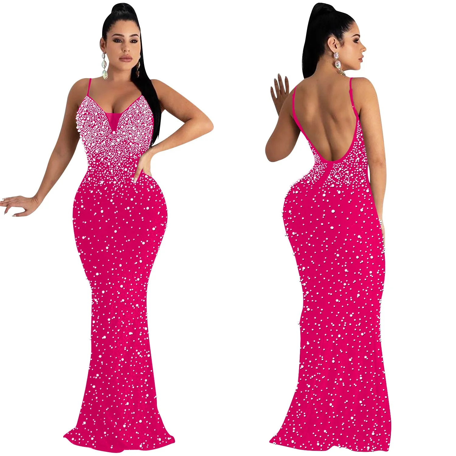 New Arrival Fashion Rhinestone Beaded Dresses Slim Fit Spaghetti Strap Dress Sleeveless Long Party Club Dress