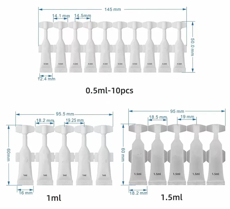 0.5ml 1ml 1.5ml 2ml 3ml 5ml 10ml 20ml Small size Test Mini Essence PE Plastic Monodose Strip Tube for Ointment/unguent