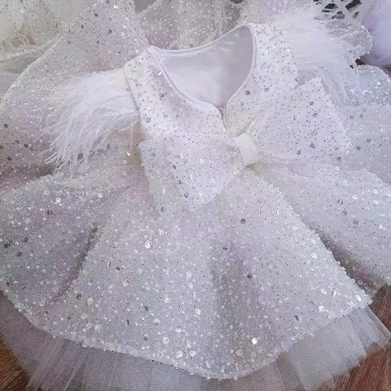 Оригинальные размеры бутик пайетки перо рукав Бальное Платье милое 1 год малыша день Рождения Вечеринка девочка принцесса